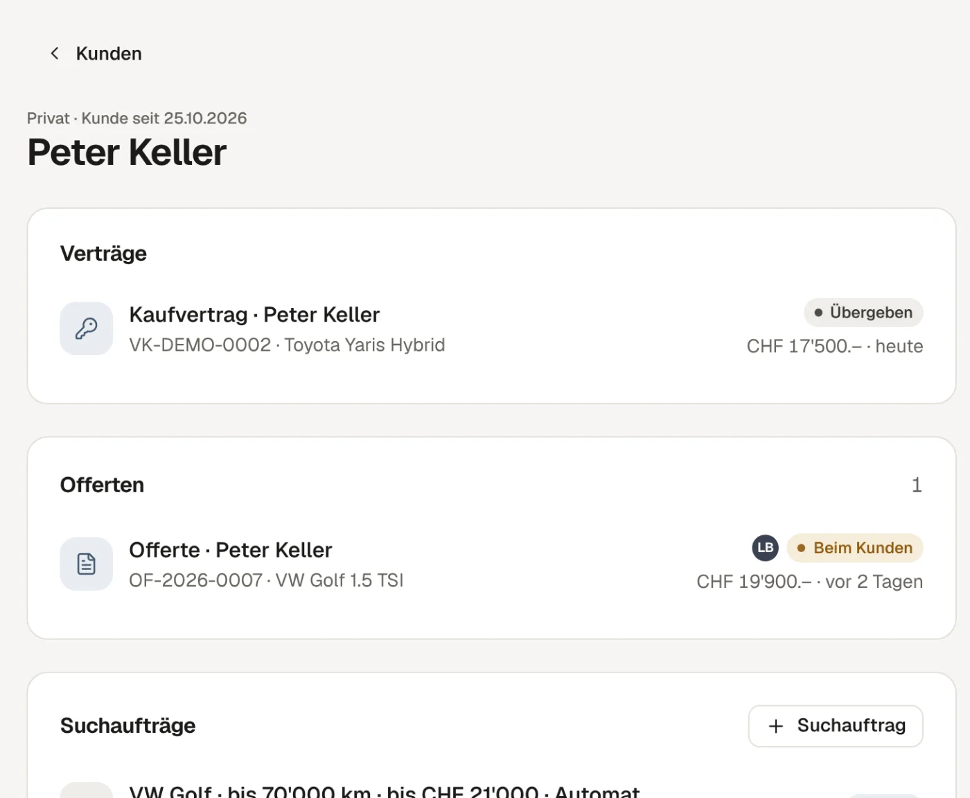 Kundenseite in Pitwall mit Verträgen, Offerten und Suchaufträgen der Person.
