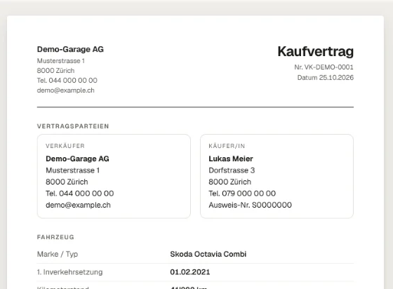 Ausschnitt eines Kaufvertrags in Pitwall.